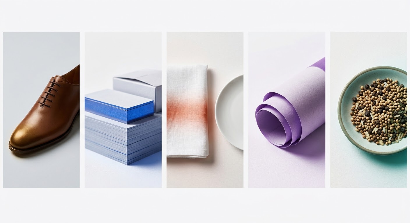 Bellora Global product range — footwear, printed stationery, linens, packaging paper, and culinary ingredients
